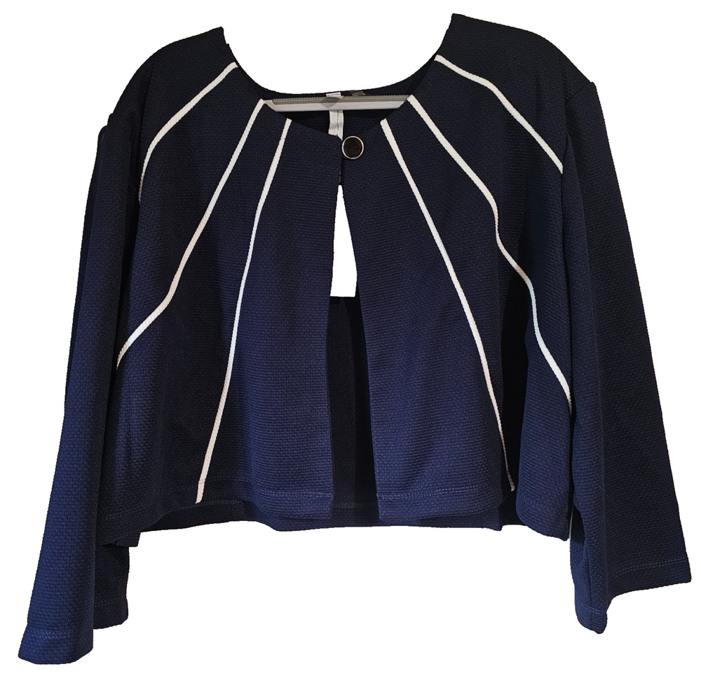NY Collection Woman Jacket 14W Navy White Piped Cropped Blazer NWT